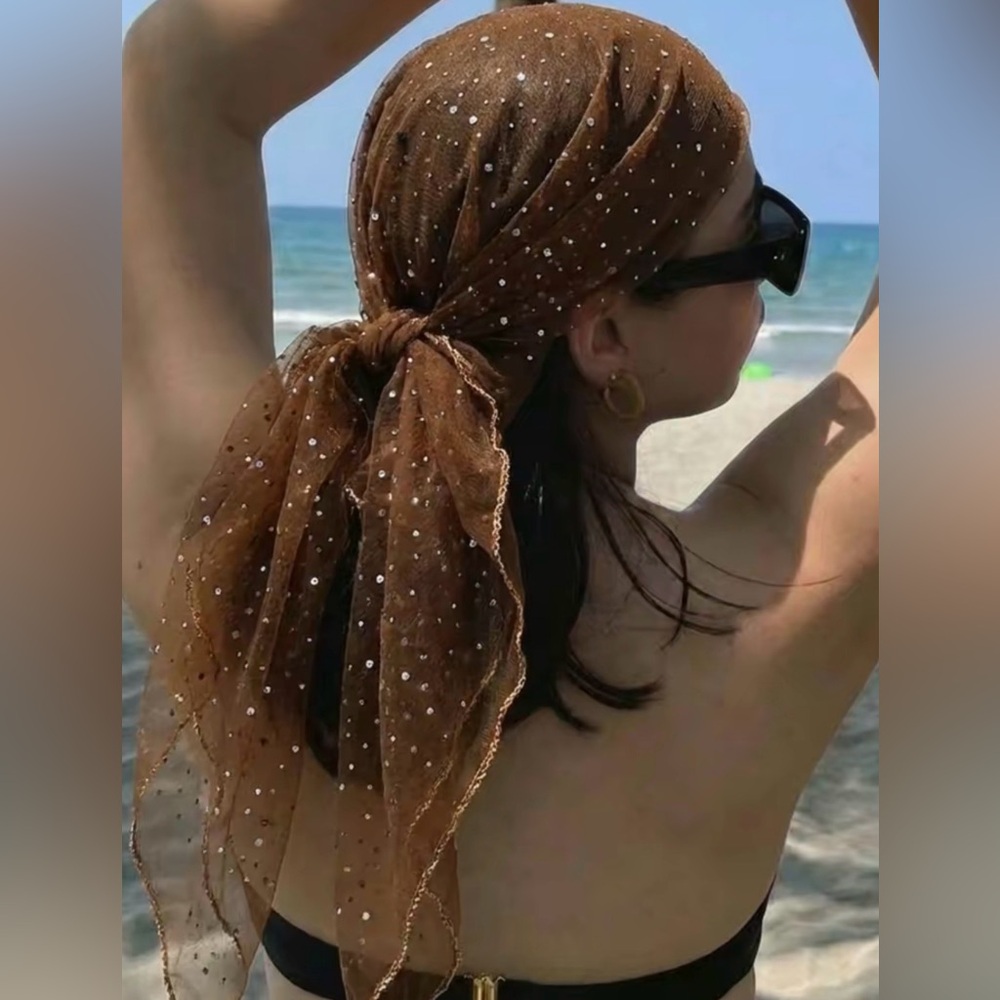 Rhinestone Sheer Scarf Headwrap - Brown